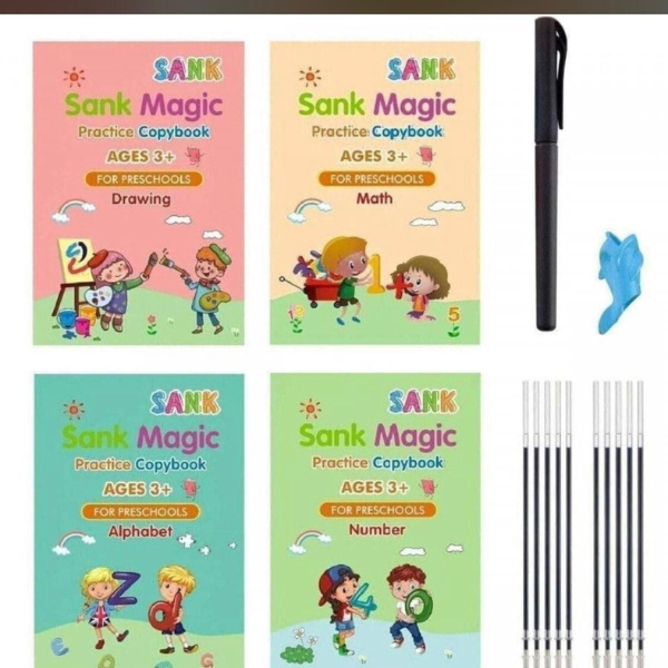 4 Books +1 Pen+10Refill- Sank Magic Practice Copy Book for Kids 2-5 Years